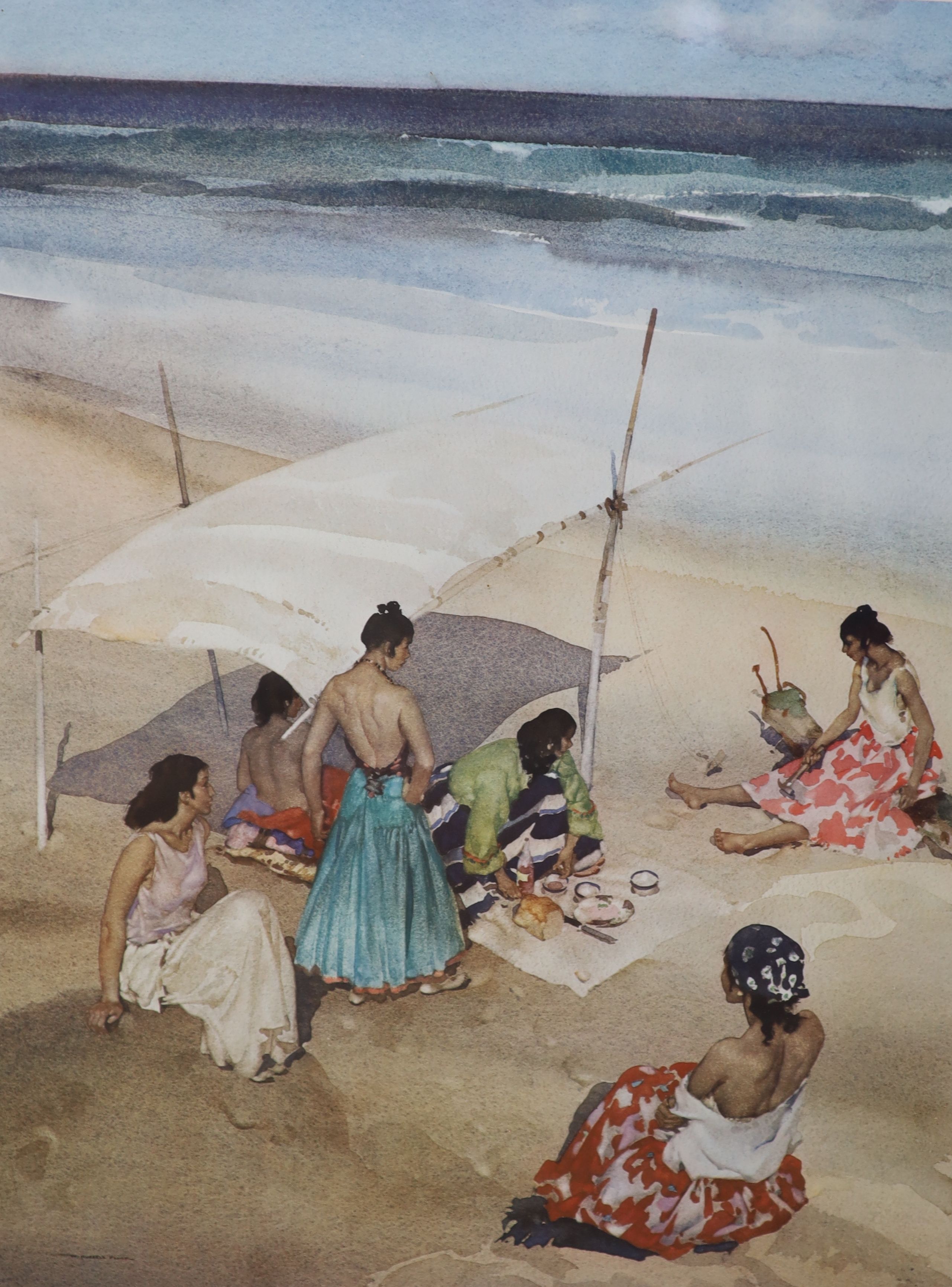 Sir William Russell Flint (1880-1969), a chromolithograph, Picnic on the beach